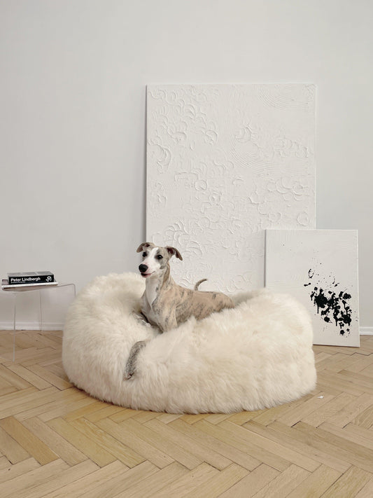 Oval Natural Sheepskin Pet Bed - White-0